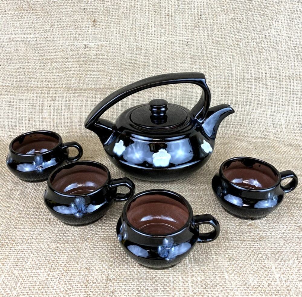 Vintage Black Glazed Squat Red Clay Teapot Set Hand Made